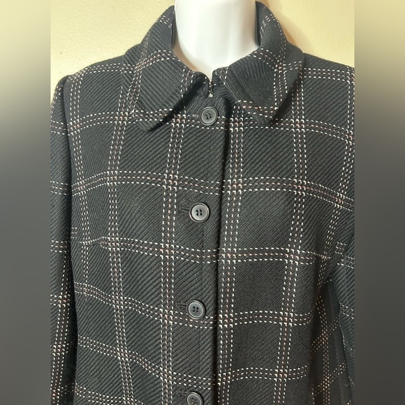 Ann Taylor LOFT Black Long Wool Peacoat White Pink Checkered Stitching Sz 6 - Picture 3 of 10